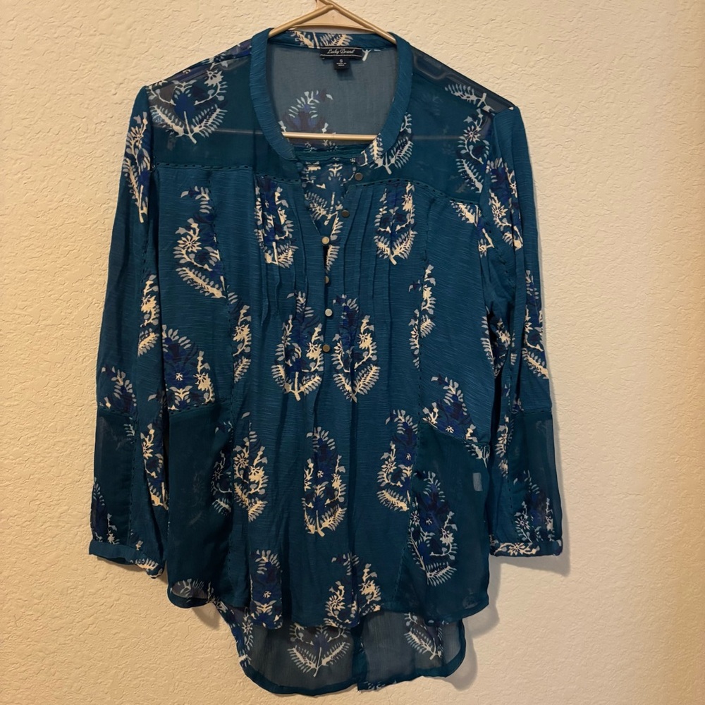 Lucky Brand Women’s Blouse Teal Multicolor Floral Sheer Long Sleeved, Size Small